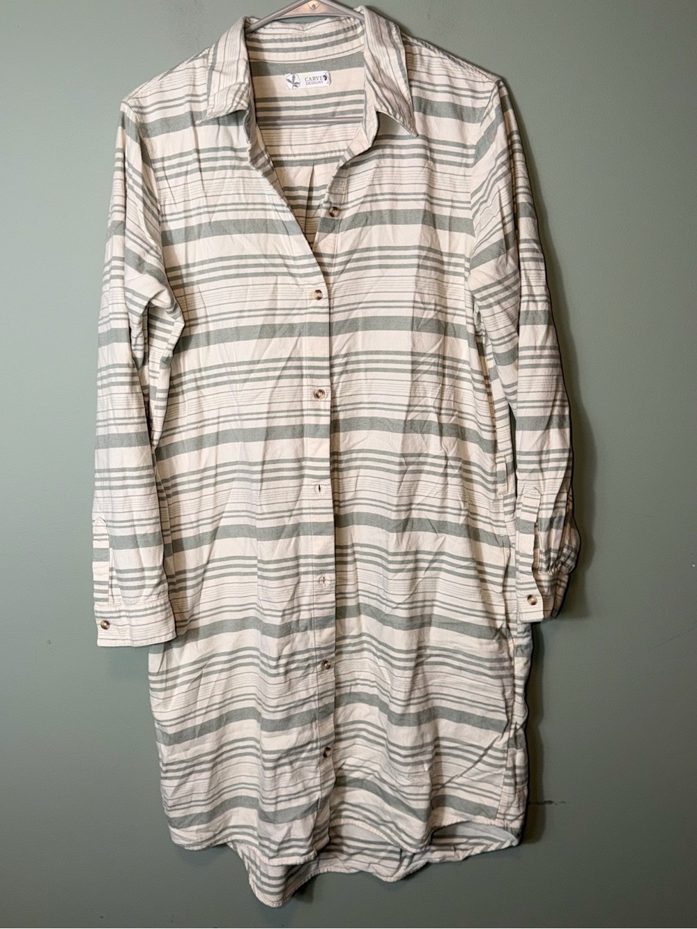 Carve Designs Cream & Sage Striped‎ Midi Shirt Dress Medium